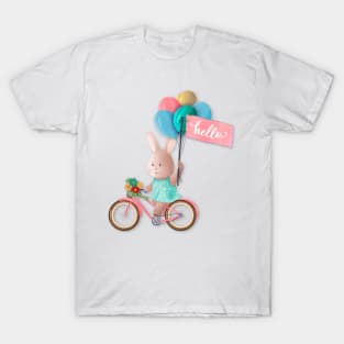 Bunny on Bike with Balloons and Hello Banner T-Shirt